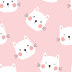 Seamless pattern with cute white cat. Vector illustration on pink background. It can be used for wallpapers, wrapping, cards, patterns for clothing and others.