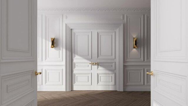 Doors opening to the white room. White classic doors opening to green screen. Classic Interior design.