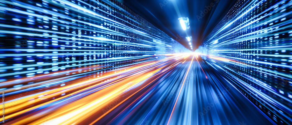 Poster velocity in the digital night: a blue streak of speed and technology, capturing the dynamic flow of 