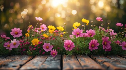 Flowers bloom on a wooden table in the garden with bokeh and flare.