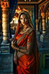 Obraz premium A woman adorned in exquisite traditional Indian dress and jewelry poses with elegance in an ornate setting
