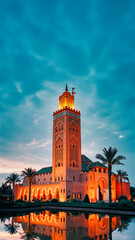 Obraz premium Illuminated Minaret Reflecting on Water at Twilight