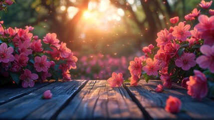 Flowers bloom on a wooden table in the garden with bokeh and flare.