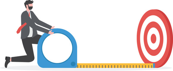 Business success measurement, how far from business goal and achievement or growth metric analysis concept, smart businessman using measuring tape to measure and analyze distance from target.

