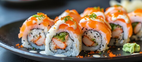 Delicious plate of sui rolls served with savory sauce and fresh assorted vegetables