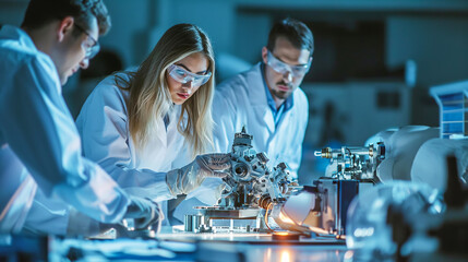 Scientists in a laboratory carefully assemble intricate mechanical parts, illustrating precision, technology, and innovation in modern scientific research