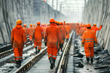  group of workers wearing hard hats and orange safety jackets