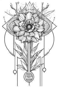 Dibujo floral con pétalo para impresión o relleno de color. Ilustración de flor en blanco y negro en tinta.