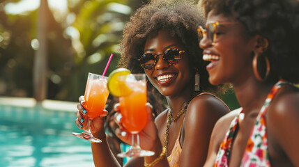 Joyful female Friends enjoying summer vibes with refreshing Tropical drinks by pool Party