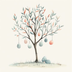 Watercolor of a whimsical tree decorated with an Easter egg