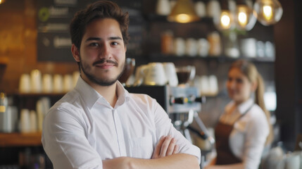 confident man is standing in the foreground with his arms crossed, and a woman is slightly out of focus in the background; both are in a cafe or restaurant setting.