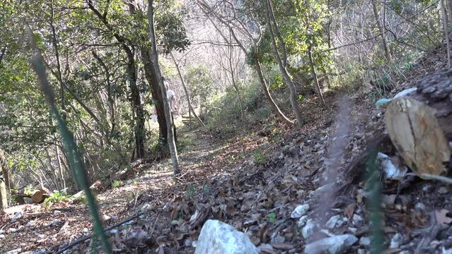 Gole di San Venanzio, Raiano, Italy A man hikes on a wooded path in a canyon alongside an ancient Roman aqueduct.