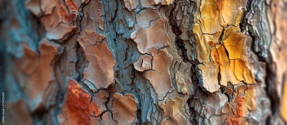 Poster macro close-up of weathered tree trunk with peeling paint for texture background