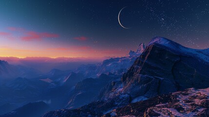 A breathtaking mountain vista as night falls, the sky ablaze with the colors of sunset fading into the deep blues of twilight, a crescent moon rises above the horizon - obrazy, fototapety, plakaty