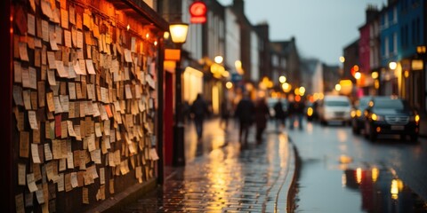 A city street bustling with activity, covered in colorful post it notes. Passersby are seen reading and adding notes to the growing collection - obrazy, fototapety, plakaty