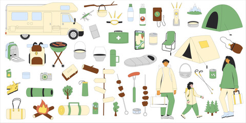 Family travel tourists camping set isolated on white background. Hiking camp trip characters and elements. Spring and summer vacation picnic. Expedition with people. Vector flat illustration