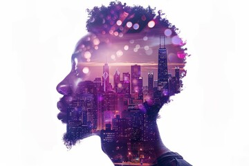 Innovative double exposure artwork showcasing a Black American Man's profile filled with The Chicago Skyline, Neon purple and Grape shades, ultra-high resolution 32k, white background