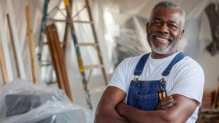 mature man with grey hair, wearing a white t-shirt and blue overalls, stands confidently with his arms crossed in a room under renovation, with ladders and tarps in the background.