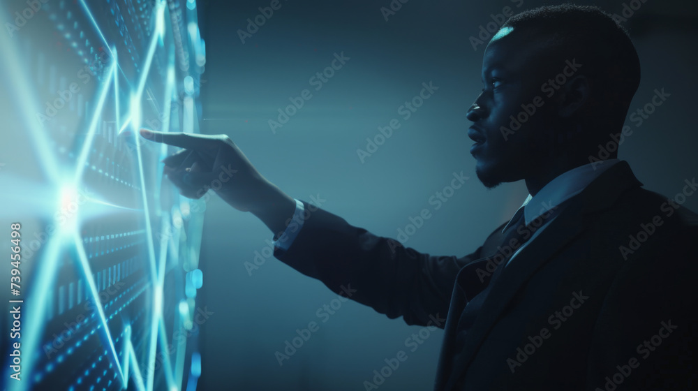 Poster man in profile, dressed in business attire, interacting with a futuristic digital screen displaying 