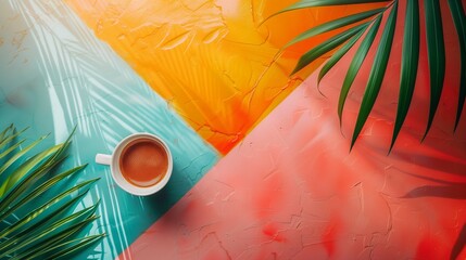 Tropical leaves and a cup of cocoa on a colorful floor. Minimal summer concept. Healthy lifestyle concept.
