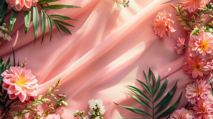 Obraz premium Creative layout made of tropical green leaves and exotic flowers on pink background. Flat lay. Natural beauty concept.