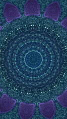 Glitter mandala. Paint kaleidoscope. Lotus design. Defocused purple blue color glowing sparkling ink water snowflake ornament motion abstract art background.