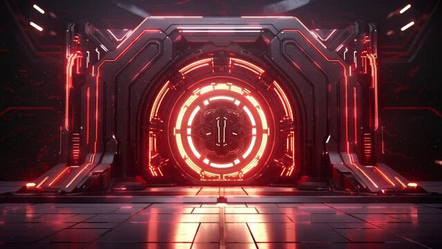background with glowing lights, A glowing red circular gate serves as a futuristic door in a sci-fi setting, surrounded by a metallic, illuminated entrance and an advanced technological environment.