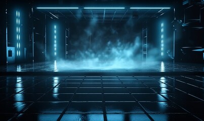 Dark scene with spotlights rays and smoke background. Neon and smoky 3d blank room with light shining down from ceiling. Fog glows blue in spotlight creating an abstract scene