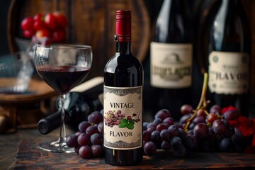 Product photography of a bottle of fine wine with grapes and a wine glass, labeled with "VINTAGE FLAVOR" --ar 3:2 --v 6 Job ID: aef02ee2-3405-466d-88e0-8004319b12bc