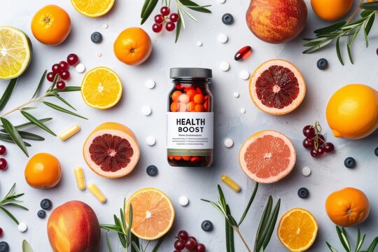 Product photography of a bottle of vitamins and supplements with fruits, labeled with "HEALTH BOOST" --ar 3:2 --v 6 Job ID: a1388ad0-a92e-410f-ba62-3f18b1c77937