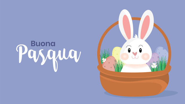 "Buona Pasqua" in Italian con uova di Pasqua e coniglio all'interno di un cestino