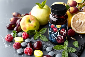 Product photography of a bottle of vitamins and supplements with fruits, labeled with "HEALTH BOOST" --ar 3:2 --v 6 Job ID: bdd913d9-31c8-4748-b85f-cac22fca80e7