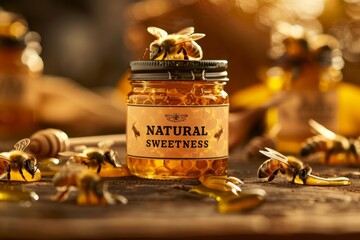 Product photography of a jar of organic honey with honeycomb and bees, labeled with "NATURAL SWEETNESS" --ar 3:2 --v 6 Job ID: 30ef1ad1-bfbb-42bb-8afa-428abf0cae60