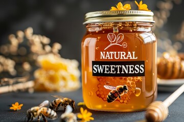 Product photography of a jar of organic honey with honeycomb and bees, labeled with "NATURAL SWEETNESS" --ar 3:2 --v 6 Job ID: b2c1aa82-9c96-4476-9895-e4847244ce92