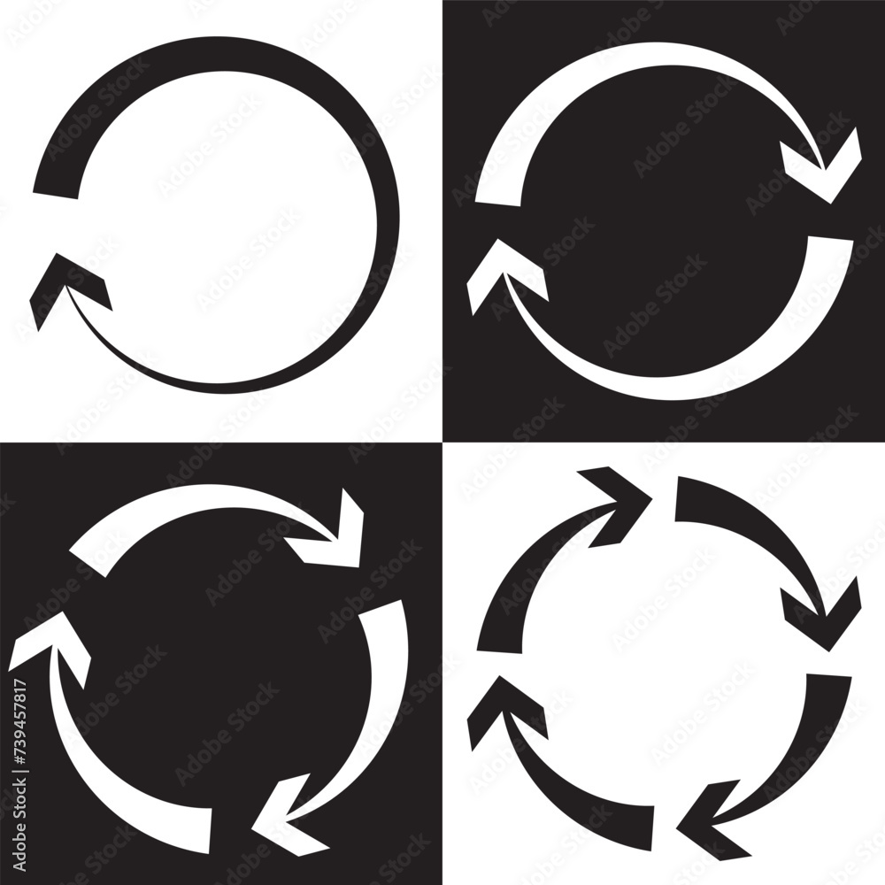 Poster circle arrow icons set. round reload, restart, recycle and repeat symbol. one, two, three and four a
