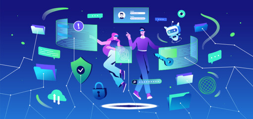 Metaverse cybersecurity. Flat people in VR headset glasses and ai robot solve problem of data privacy. Data protection. Characters floating in futuristic space and reducing risk of cyberattacks. - obrazy, fototapety, plakaty