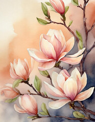 Fototapeta na wymiar Brzoskwiniowe kwiaty Magnolii, akwarela, tapeta, dekoracja. Generative AI