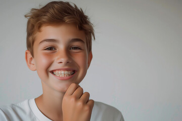 Portrait of a smiling teenage boy with braces in his mouth on a light background with empty space for text - obrazy, fototapety, plakaty