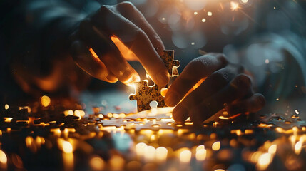 A captivating photo of a person connecting puzzle pieces with beams of light, representing the intriguing process of assembling an interesting idea