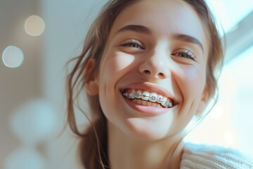 Close-up portrait of a smiling girl with braces in her mouth on the street