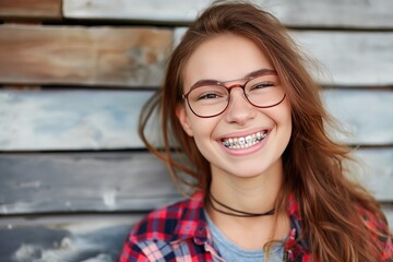 Close-up portrait of a smiling girl with braces in her mouth on the street - obrazy, fototapety, plakaty