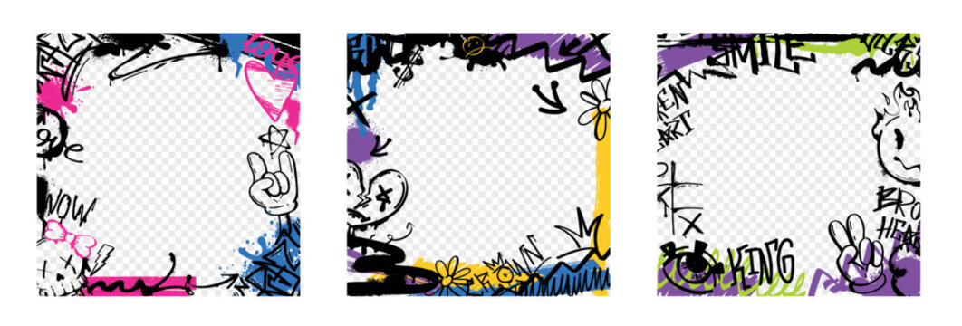 Graffiti border or frame with spray paint stickers, urban elements with ink drips. Vector set of covers with tags, abstract street art decoration and hand gestures isolated on transparent background.