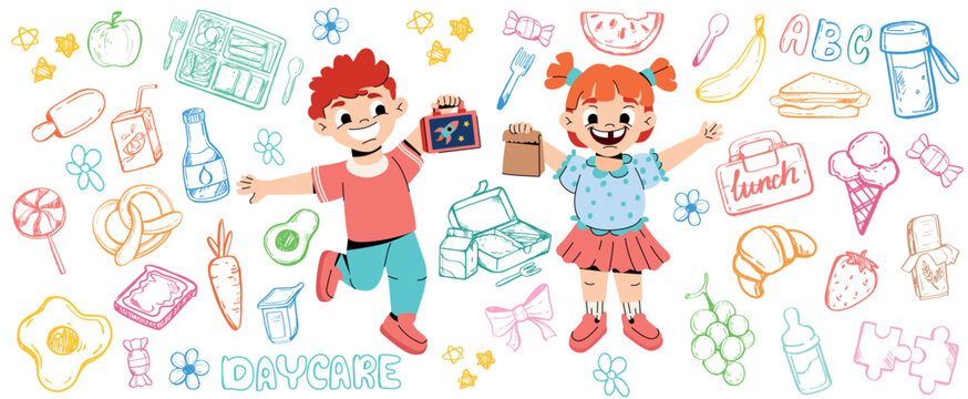 Vector doodle daycare pattern with cartoon kids. Funny cartoon girl and boy in kindergarten or preschool with healthy food and drinks. Happy characters hold lunch boxes with snacks, fruits, vegetables