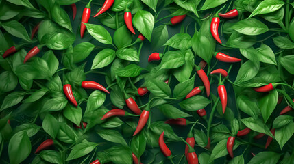 An aerial view captures bushes laden with ripening chili peppers, their vibrant colors promising a fiery burst of flavor and spice for culinary delights.