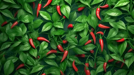 Schilderijen op glas An aerial view captures bushes laden with ripening chili peppers, their vibrant colors promising a fiery burst of flavor and spice for culinary delights. © Людмила Мазур