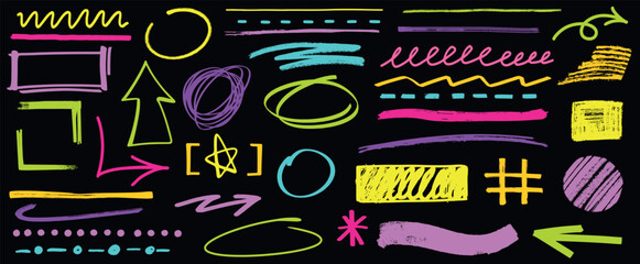 Acid color highlighter lines, arrows, circles, underline element vector set. Hand drawn highlight marker pen scribbles, stripes, colorful frames, brush underlines or brush strokes on black background.