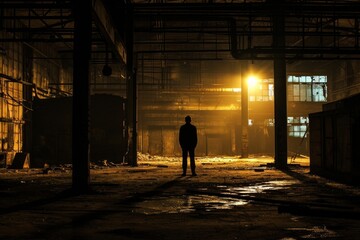 Silhouette of a man standing in an abandoned factory at night. Silhouette of a lone figure in a dimly lit, abandoned industrial setting. 