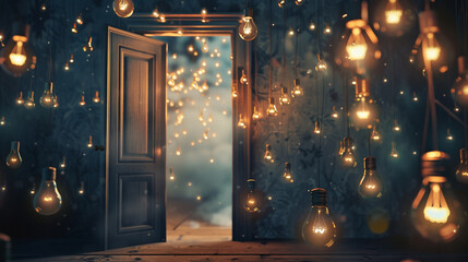 A visually engaging scene of an open door leading to a room filled with floating lightbulbs, inviting viewers to step into a realm of interesting ideas