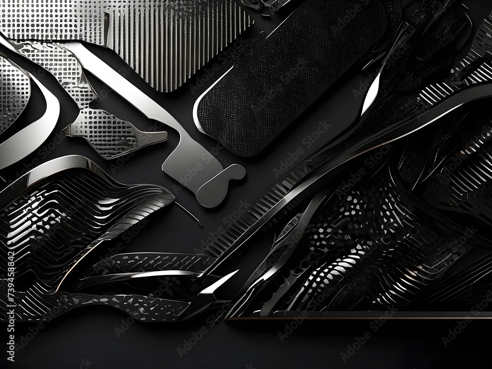 Poster composition of futuristic, dark pieces against a background design of black. metallic perforated tex