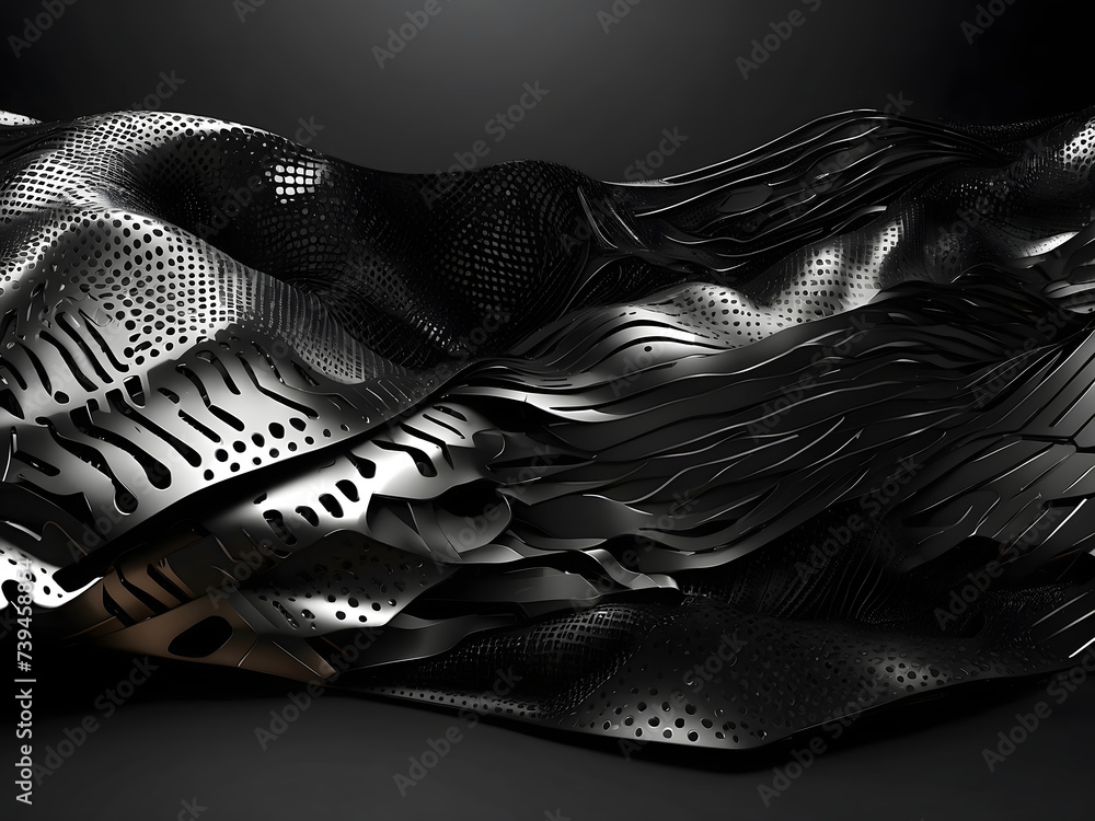 Poster composition of futuristic, dark pieces against a background design of black. metallic perforated tex